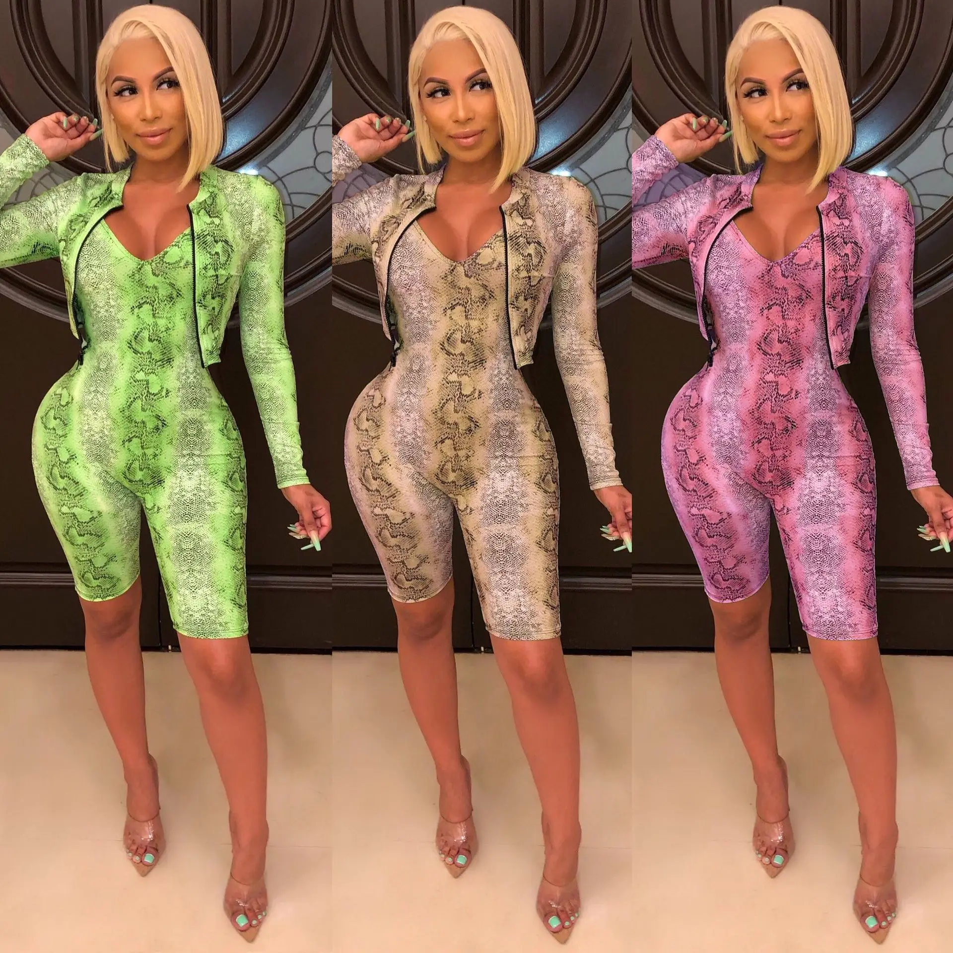 

Snake Skin Print Sexy Two Piece Set Bodycon Jumpsuit Vintage Club Outfit Tracksuit For Women Zipper Up Long Sleeve Crop Top