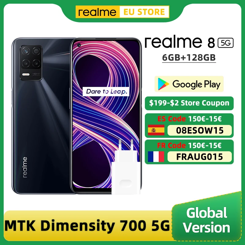 Глобальная версия realme 8 5G смартфон 6 ГБ 128 48MP AI Quad Камера 16MP в-дисплей селфи Dimensity 700
