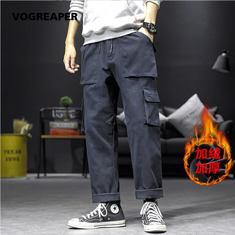 Толстые теплые брюки-карго в стиле хип-хоп с карманами, мужские уличные штаны Харадзюку с карманами, хлопковые свободные черные армейские зеленые штаны для бега