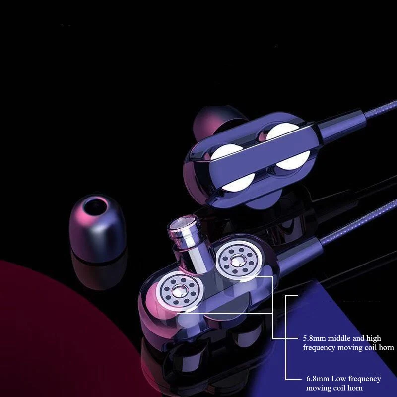 Buyruo Dual Drive Stereo Wired Earphone In-Ear Sport Headset with Mic Mini Earbuds Handsfree Earphones for Mobile Phone