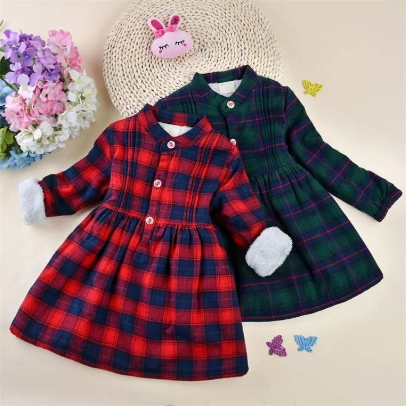 Winter Casual Children Girls Dress Cotton Patchwork Plaid Print Long Sleeve Turn-down Collar Fall Teens Fleece Clothes | Детская одежда