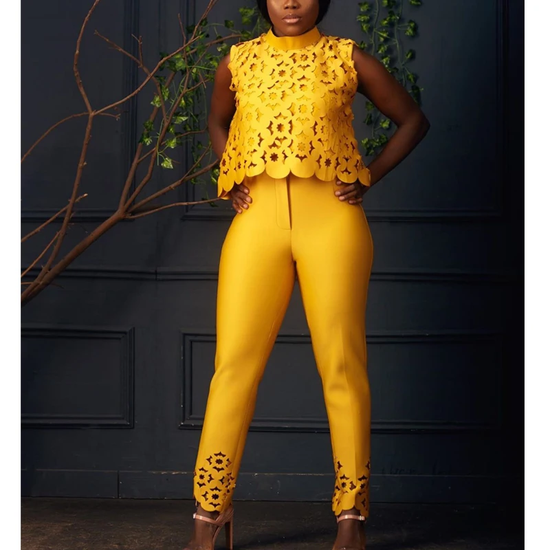 

Popular openwork design two-piece suit African clothing Stitching office women's temperament large size two-piece yellow pink
