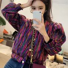 Женская короткая куртка в полоску, хроматическое пальто с круглым вырезом и пышными рукавами, женские куртки, Повседневная Уличная одежда, женская верхняя одежда