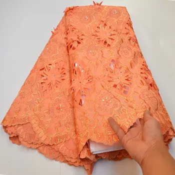 

Handcut African voile lace unique peach Swiss French lace fabric with sequins beads and stone high quality 5 yards hot sale