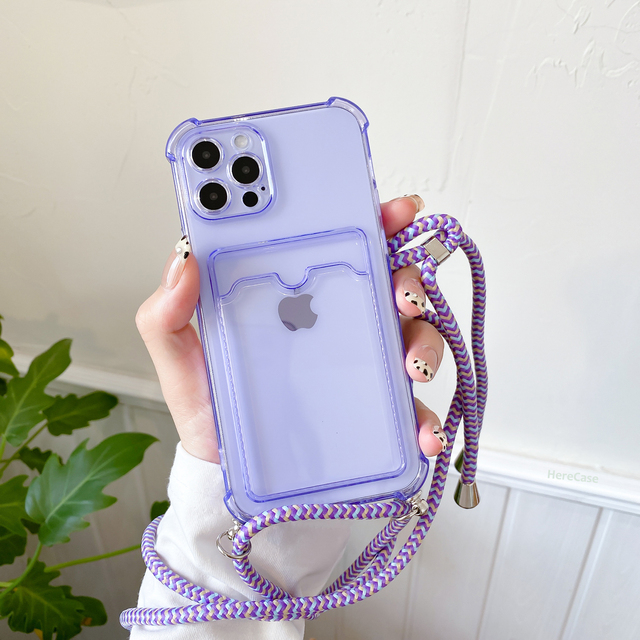 Lanyard Hang Strap+Card Holder Case For iPhone 11 12 Pro Max Mini XS 8 7 Plus X XR SE 2020 Shockproof TPU Wallet Cover