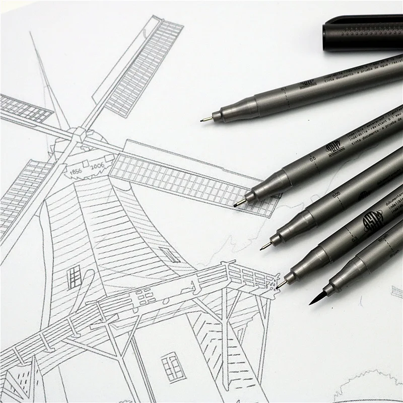 1 комплект пигмент лайнер Многофункциональный рисунок маркер для белой доски 0,05 0,1 0,2 0,3 0,5 щетки различных наконечников, черная ручка эскизов ручки
