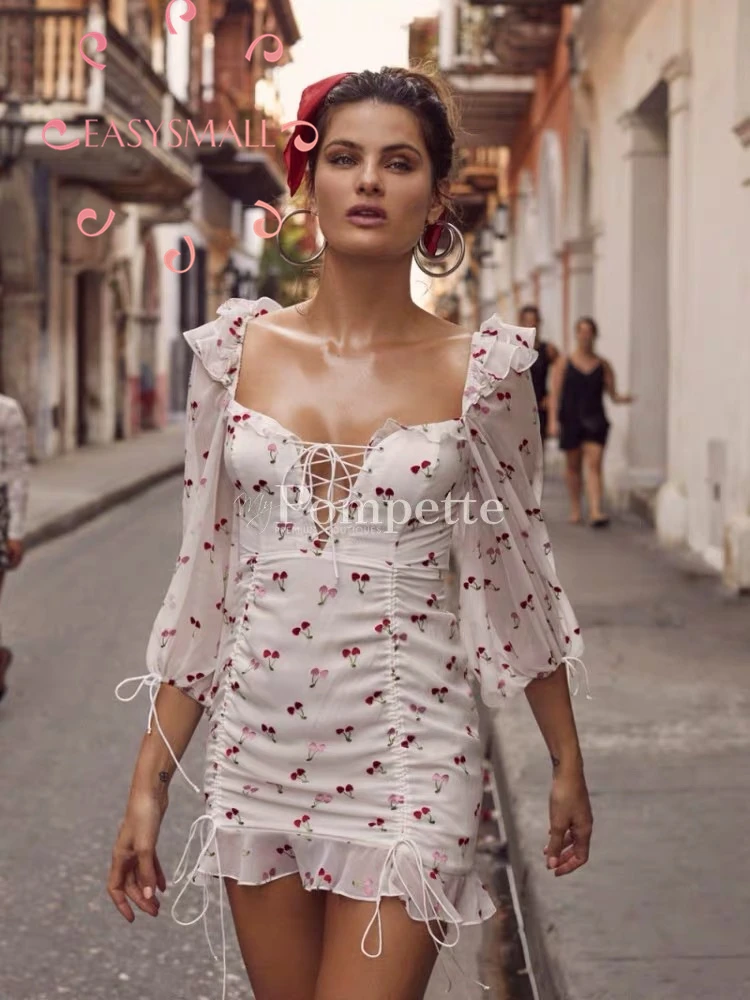 EASYSMALL For Love Lemons женское летнее платье высокого класса с высокой талией, Вишневое кружевное платье с рюшами и рукавами-фонариками