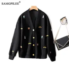 SAMGPILEE 2023 New Autumn Winter Embroidery Cartoon Figure Single-breasted Cardigan Air Cotton Outerwear Short Jackets Female