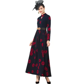 

England Style Long Dress Mandarin New Year Evening Women Runway Dress Red Dots Vintage DZ2310