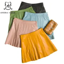 Демисезонный из натуральной овечьей кожи юбки женские пикантные тонкий с высокой талией, женские туфли-лодочки из натуральной кожи с трапециевидной формы кожаная плиссированная короткая юбка