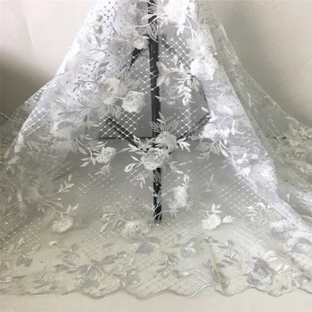 

white nigerian lace fabrics with beads sequin lace fabric robe de mariee tissu dentelle tulle fabric for wedding dress 5yard