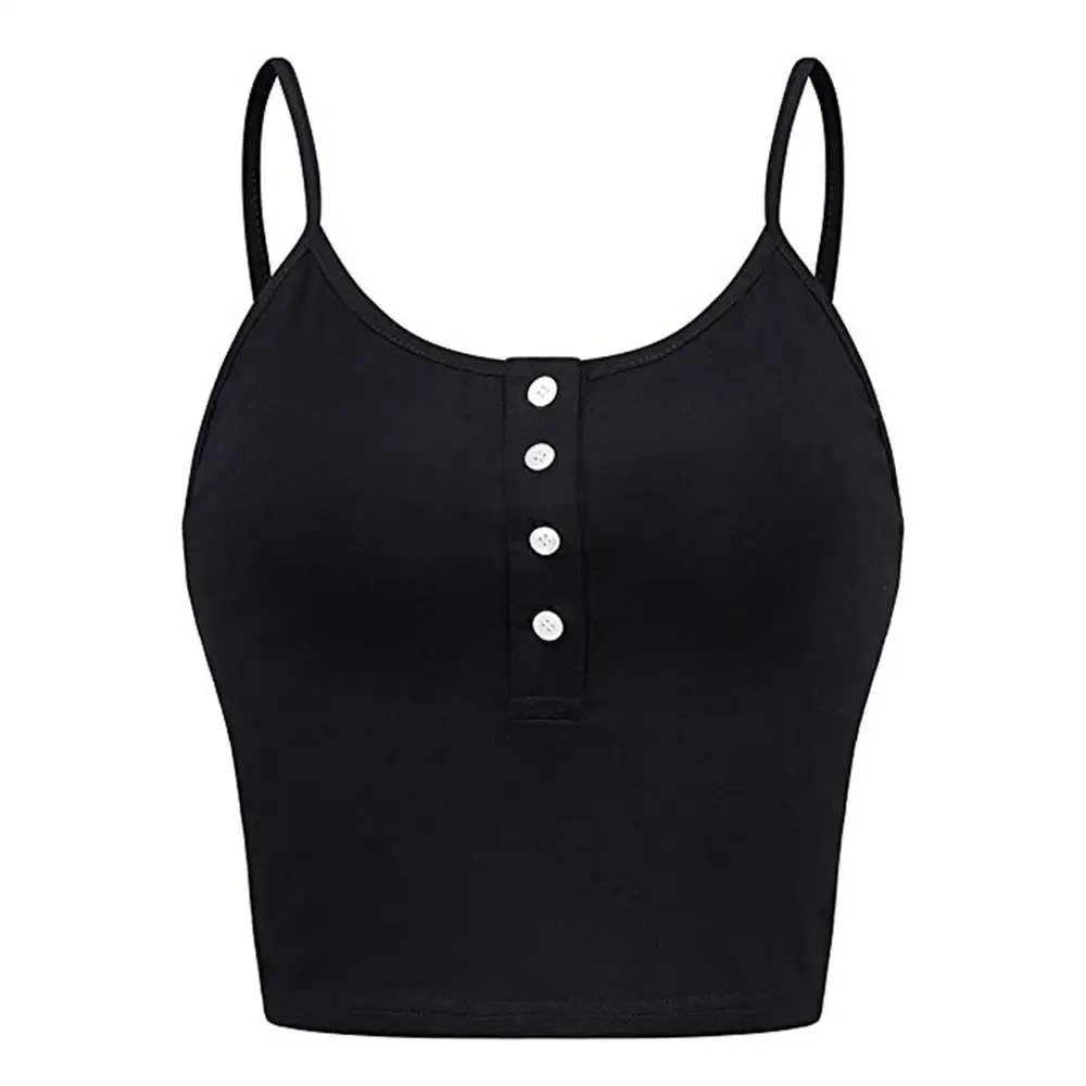 

2019 Hot Sale top Ladies Short Section Slim Womens Sleeveless O-neck Button Up Casual Workout Crop Vest Cami Tank Top femin TC3M
