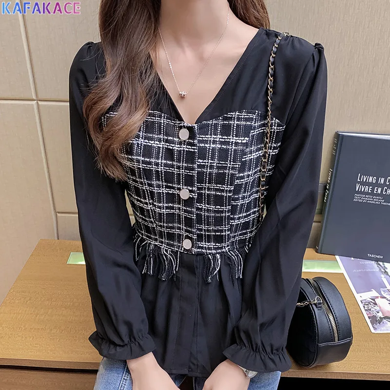

KAFAKACE Blouses Shirts Women Patchwork Plaid Chiffon V-Neck Lady Blouse Tops&Tees Fashion Elegant New Shirts Full Sleeve Tees