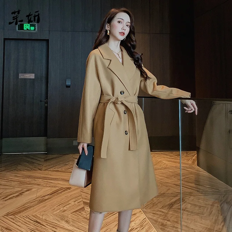 

winter Autumn New Women's Casual wool blend trench coat Double Breasted Long coat with belt