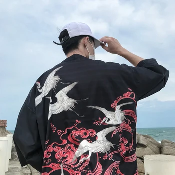 

Casual Style Summer Autumn Short Sleeve Print Men Loose Kimono Jackets Cardigan Short Sleeve Coat Sunscreen Coat Robe Black