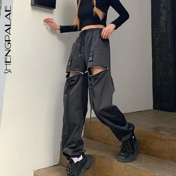 

SHENGPALAE 2020 New Spring Vintage Patchwork Pants Harajuku Woman Man Trousers Elastics Detachable High Waist Pants ZA2466