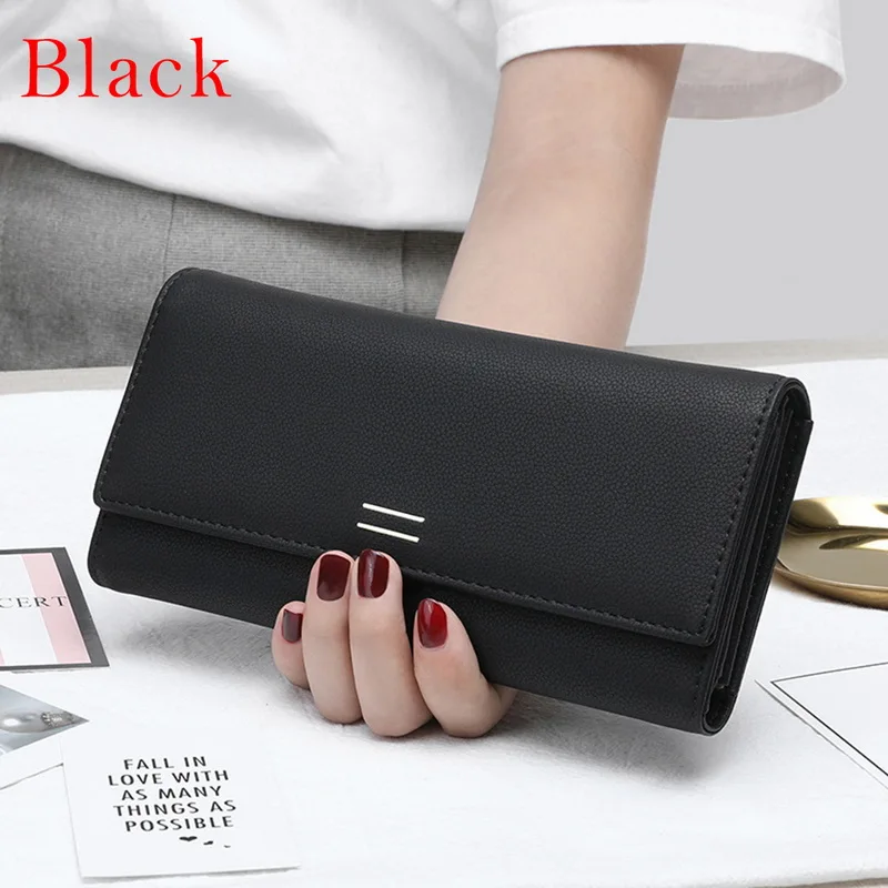 black Мягкий кошелек для монет, женский кожаный длинный стильный кошелек, Многофункциональный Конверт с застежкой, Женский держатель для карт, Cartera Mujer - Цвет: black