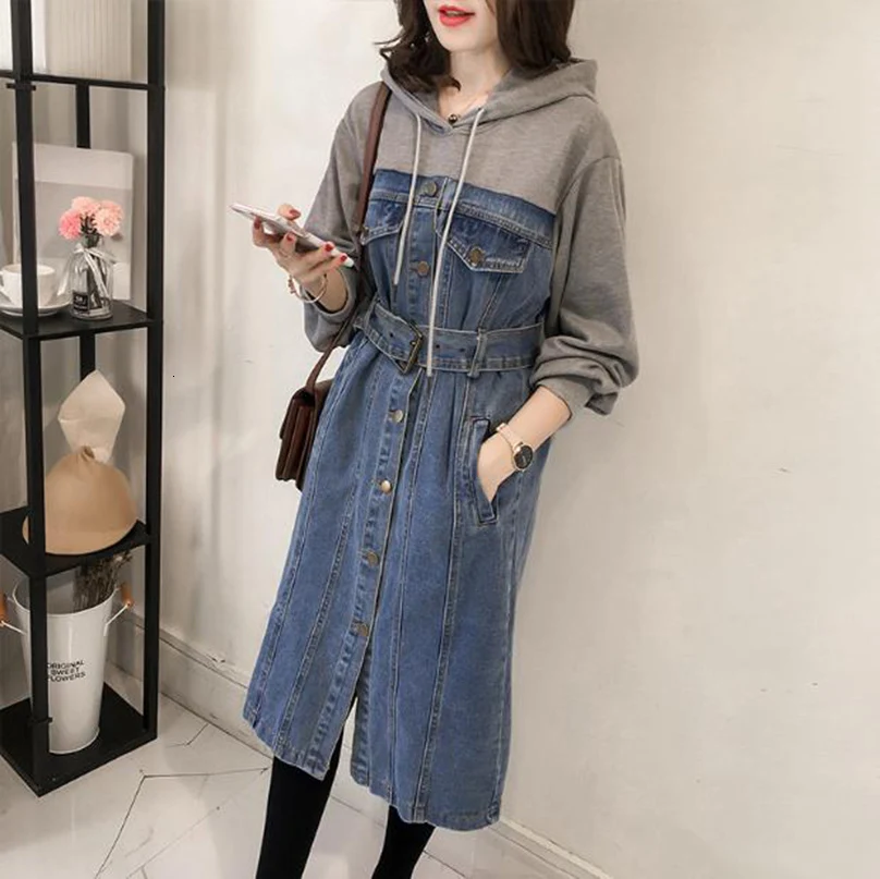4xl Autumn Women Hooded Denim Long Dress Plus Size Slim Sleeve Korean Maxi Jean Dresses Large Ladies Frock Oversize | Женская одежда