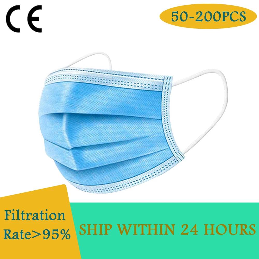 

50-200PCS Anti-Pollution 3-layer mask Face Mouth Masks Non Woven Disposable Anti-Dust Meltblown cloth Masks Earloops Masks