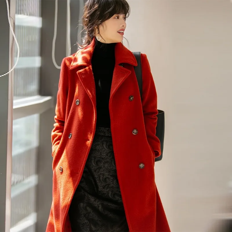 

AIGYPTOS 2019 autumn and winter new llama cashmere coat double-breasted slim waistband wool woolen coat female thick