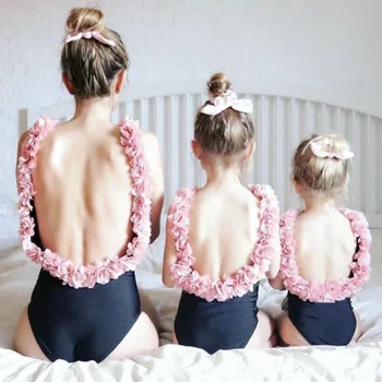

Daughter Swimwear 2019 Summer Family Pair Pink Flower Swimwear Set Mom and Daughter Beach Clothes