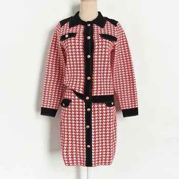 

Brand Design Women Vintage New 2020 Spring Contrast Houndstooth Lapel Knitted Cardigan Luxury Button Patchwork Sweater Clothes