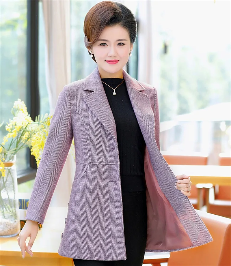New Autumn winter Jackets Middle-aged women Striped Woolen Jacket Plus size Quality Womens Casual Wool coats Overcoat 4XL FF1158