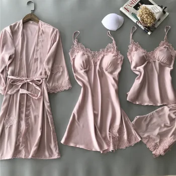 

Four-piece nightgown new women's slip dress pajamas shorts women sexy nightgown robe set of four silk pajamas in summer пижама
