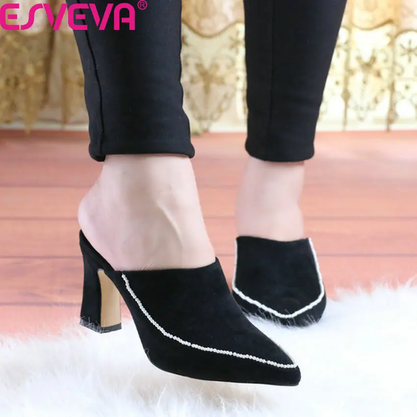 

ESVEVA 2020 Square Heel Sexy Pointed Toe Women Pumps Fashion String Bead Scrub Ladies Shoes Slingback Women Sandals Size 34-43