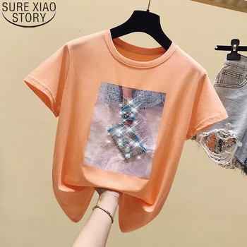 

Casual Short Sleeve T-shirt Fashion Women Summer 2020 Sequined Beaded Female Cotton Round Neck Print Tops Tshirt Shirts 9814