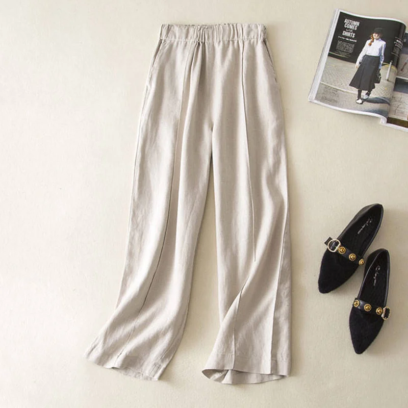Pantalones de pierna ancha informales de verano para mujer nueva moda 2020 pantalones de lino de algodón holgados de cintura alta elásticos coreanos de talla grande P331