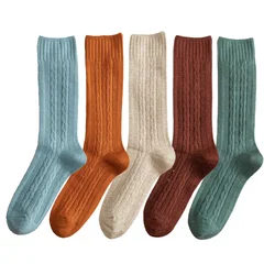 5 Pairs/Lot Women's Warm Socks Fashion Autumn Winter Solid Color Comfy Breathable Retro Color Casual Long Socks For Girls Trendy