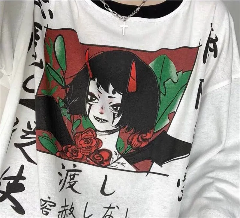 Белая футболка Harajuku уличная футболка с японским аниме футболка с рисунком уличная забавная Повседневная Лоскутная негабаритная футболка