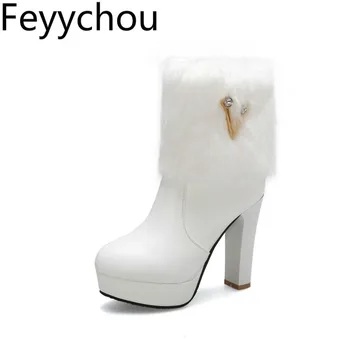

Women Boots Autumn Winter Warm Super High Heel Faux Fur 2019 New Sexy Fashion Pu Mid-calf Motorcycle Patchwork Black Pink White