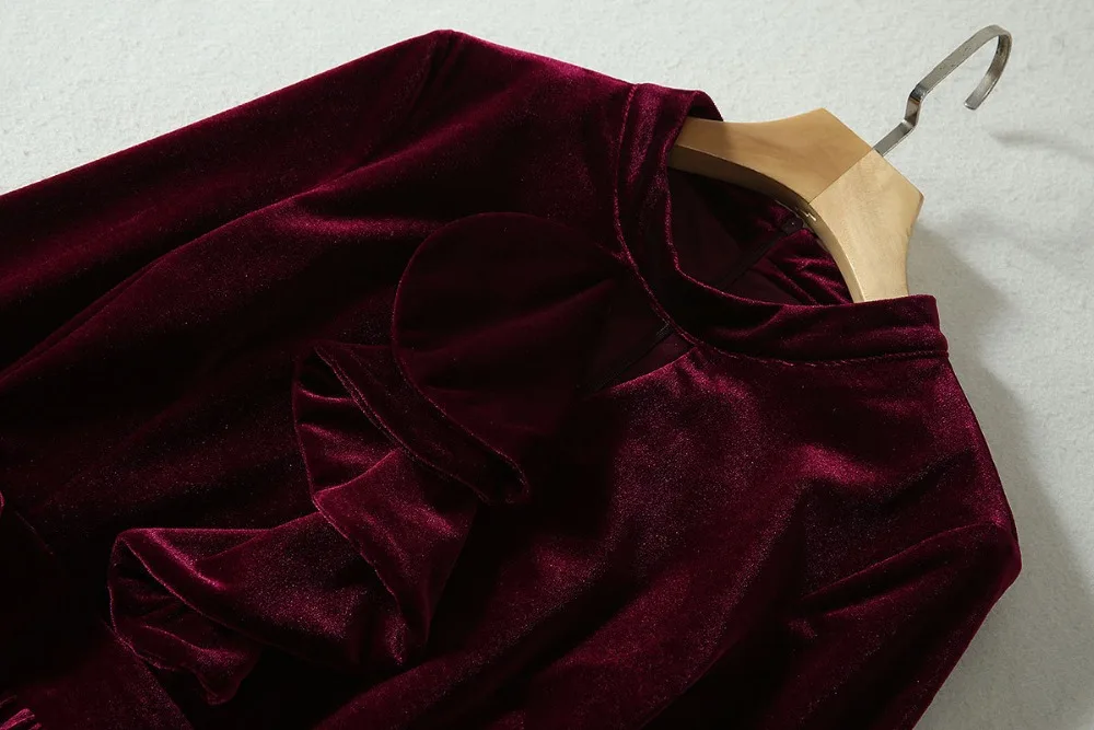 Autumn Runway Designer High End Women Velvet Dress Pure Color Stand Collar Ruffled Long Sleeve Pleated Dress 2 Colors