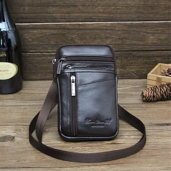 

Genuine Leather Men's Waist Packs Vintage Outdoors Travel Zipper shoulder multi-layer messenger bag mobile phone bag purse men