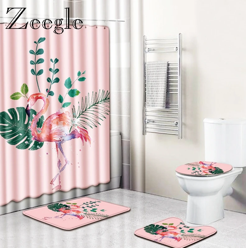 Zeegle Flamingo 4pcs Bath Mat Suit Toilet Mat Set with Shower Curtain Pedestal Rug Lid Toilet Cover Bath Mat for Home Decor