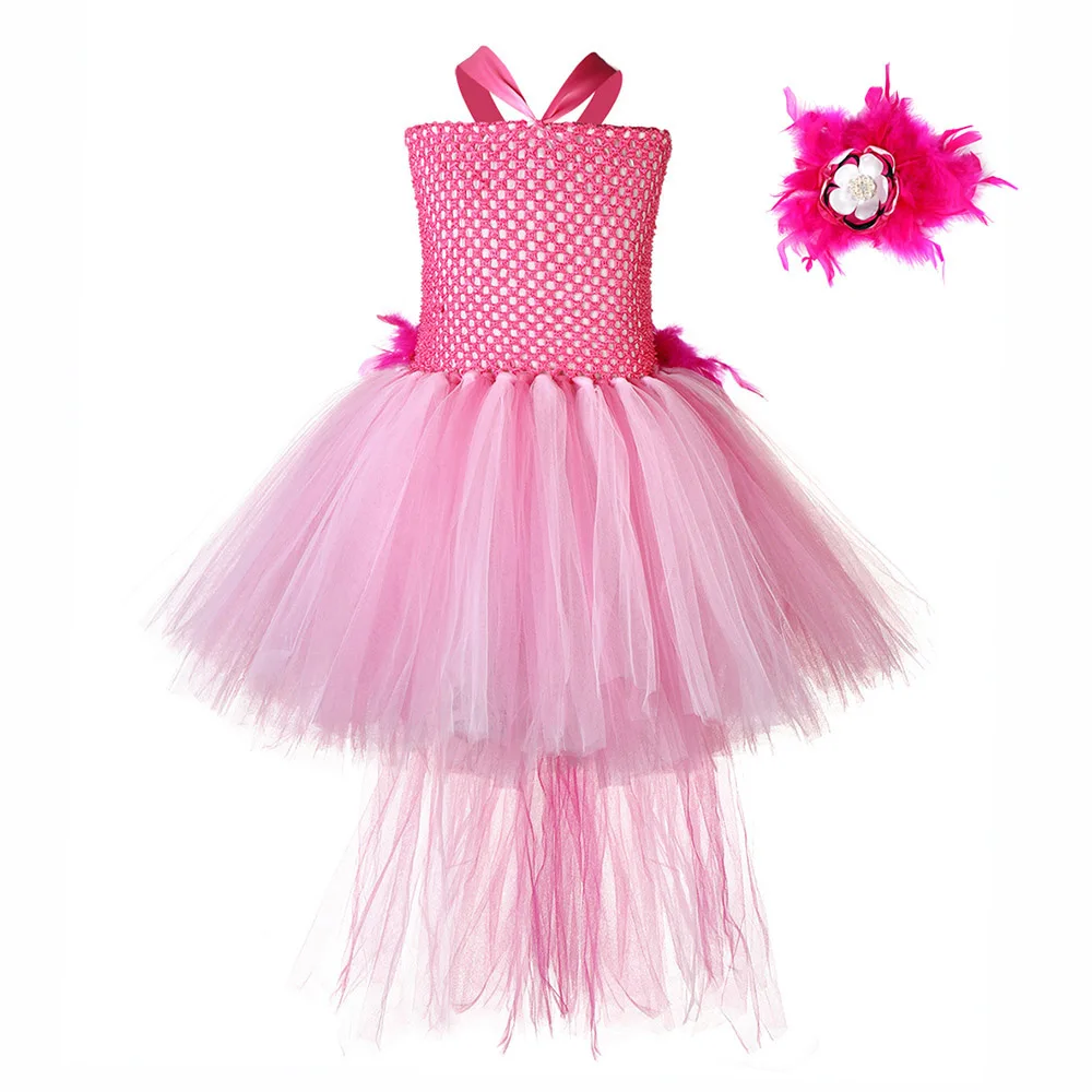 Hot Pink Dress Платье для девочек на Хэллоуин; элегантный костюм с изображением животного Фламинго; платье принцессы для ролевых игр; детское карнавальное платье-пачка с перьевым шлейфом - Цвет: Hot Pink Dress