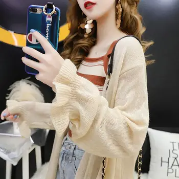 

Thin Section Knitted Cardigan Sweater Female Long-sleeved Solid Color Simple Casual Mid-length Loose Open Stitch Jumpers Women