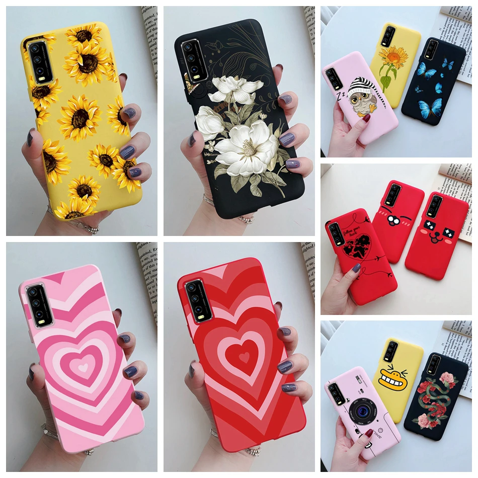 cell phone belt pouch For Vivo Y20 Y20i 2021 Y20s Case Silicone Fashion Daisy Sunflower Soft Heart Back Cover For Vivo V2029 V2027 Y 20 20s 20i Coque mobile flip cover