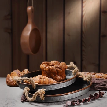 

Vintage Thicken Wrought Iron Storage Tray with Hemp Rope Handles Retro Bread Tray Antique Storage Plates Home Decor Photo Props