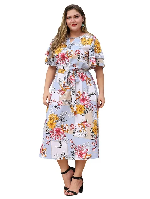 WHZHM летнее богемное Цветочное платье размера плюс 3XL 4XL, женские вечерние платья с коротким Расклешенным рукавом, Повседневное платье с цветочным принтом для девушек - Цвет: as pictures