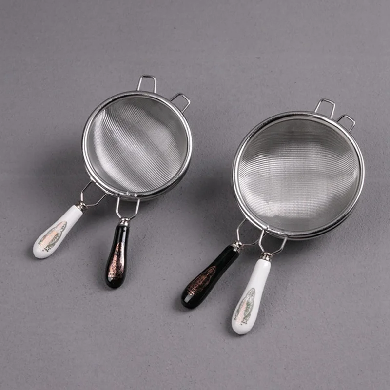 Leaf Tea Filter Ceramic Handle Gongfu Tea Accessories Vintage Chinese Infuser Stainless Steel Dual Mesh Strainer Loose tea infuser tea strainer tea filter