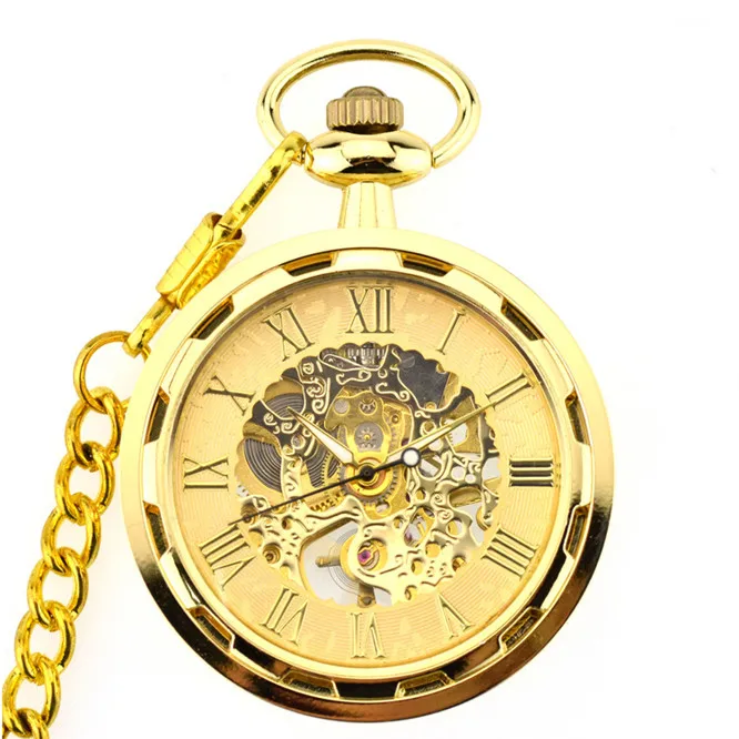 Винтаж Очаровательные черный мужской ретро римские цифры Механические карманные часы с открытым лицом Для женщин мужское ожерелье с подвеской с цепочкой - Цвет: gold