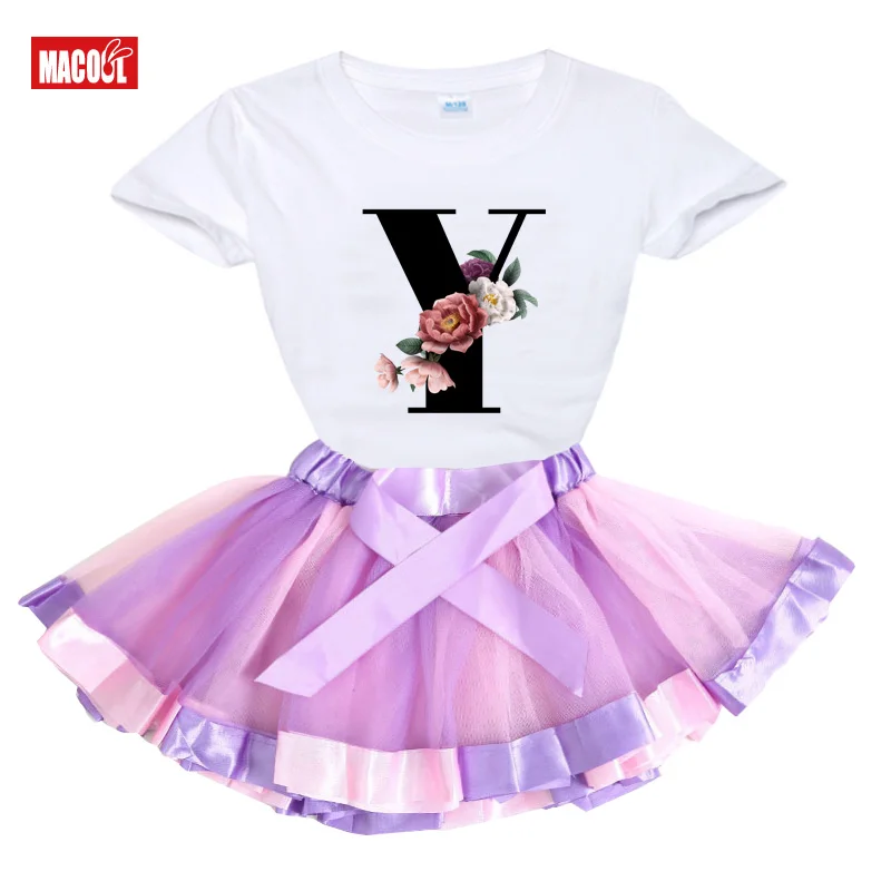 Girls Clothes Sets 2pcs Kids Set for Girl Custom Name Letter A E D M Flowers Tshirt+tutu Dress Fashion Summer Clothing Birthday