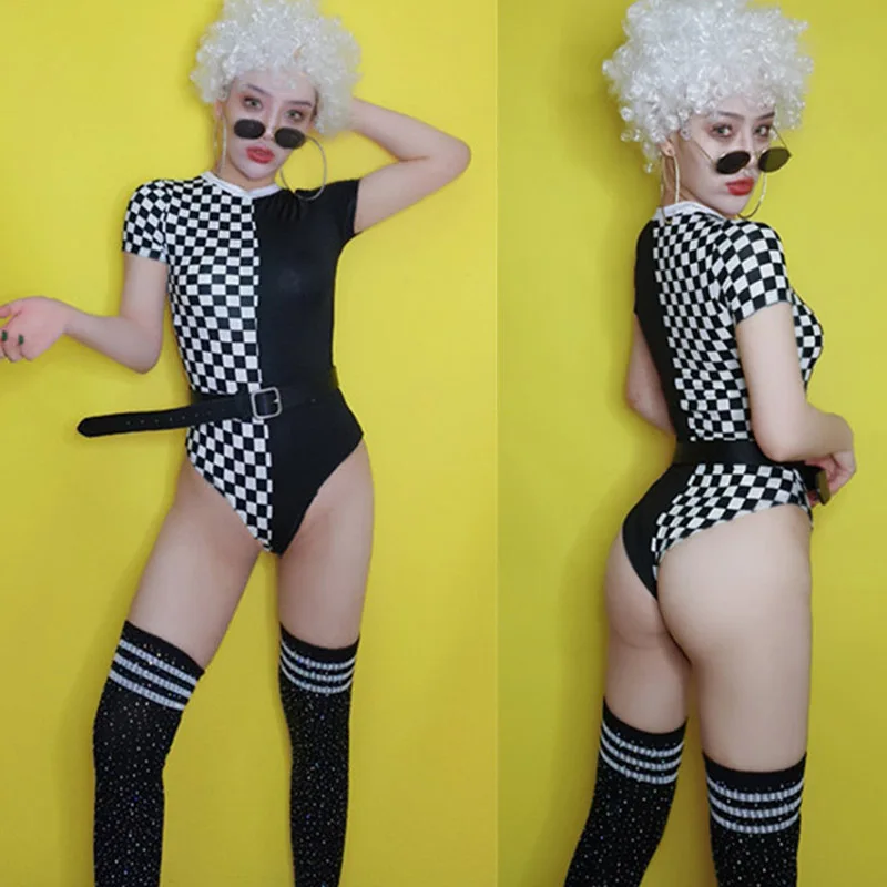 Джазовый танцевальный костюм для женщин, комбинезон для ночного клуба, бара, DJ DS, одежда для сцены, Женский певец, сексуальный клетчатый боди с короткими рукавами DL4691