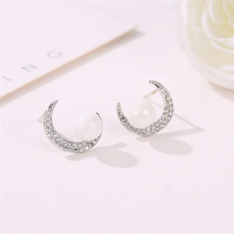 Серьги гвоздики серебряные с жемчугом и Луной|Серьги-гвоздики| |