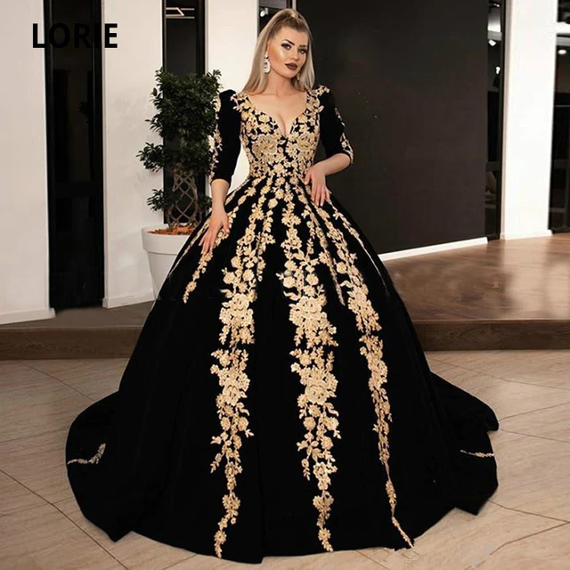 Black Velvet Formal Evening Dresses Plus Size 2021 V-neck Half Sleeve Sparkly Gold Lace Applique Kaftan Caftan Arabic Prom Gowns black