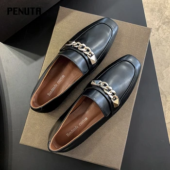 

2020 PENUTA Moccasins Women Shoes Fashion Chain New Chic Shoes Slip On Ladies Flats Genuine Leather Loafers Europe Design F0046
