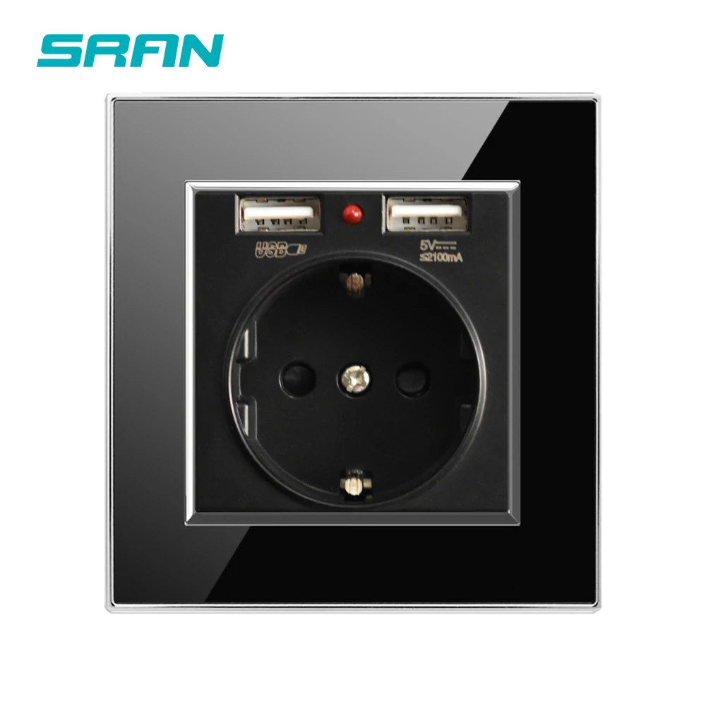 

SRAN Home Power Socket with USB Wallpad Luxury Wall Electric Outlet Mirror Acrylic Panel EU German Standard 16A AC 110~250V